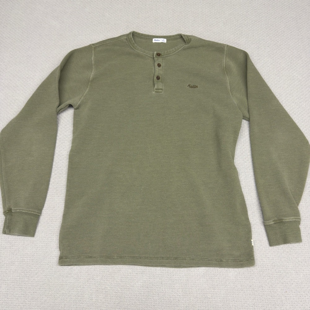 Katin Thermal Henley Shirt Mens Large Olive Green Waffle Knit Tee Casual Winter